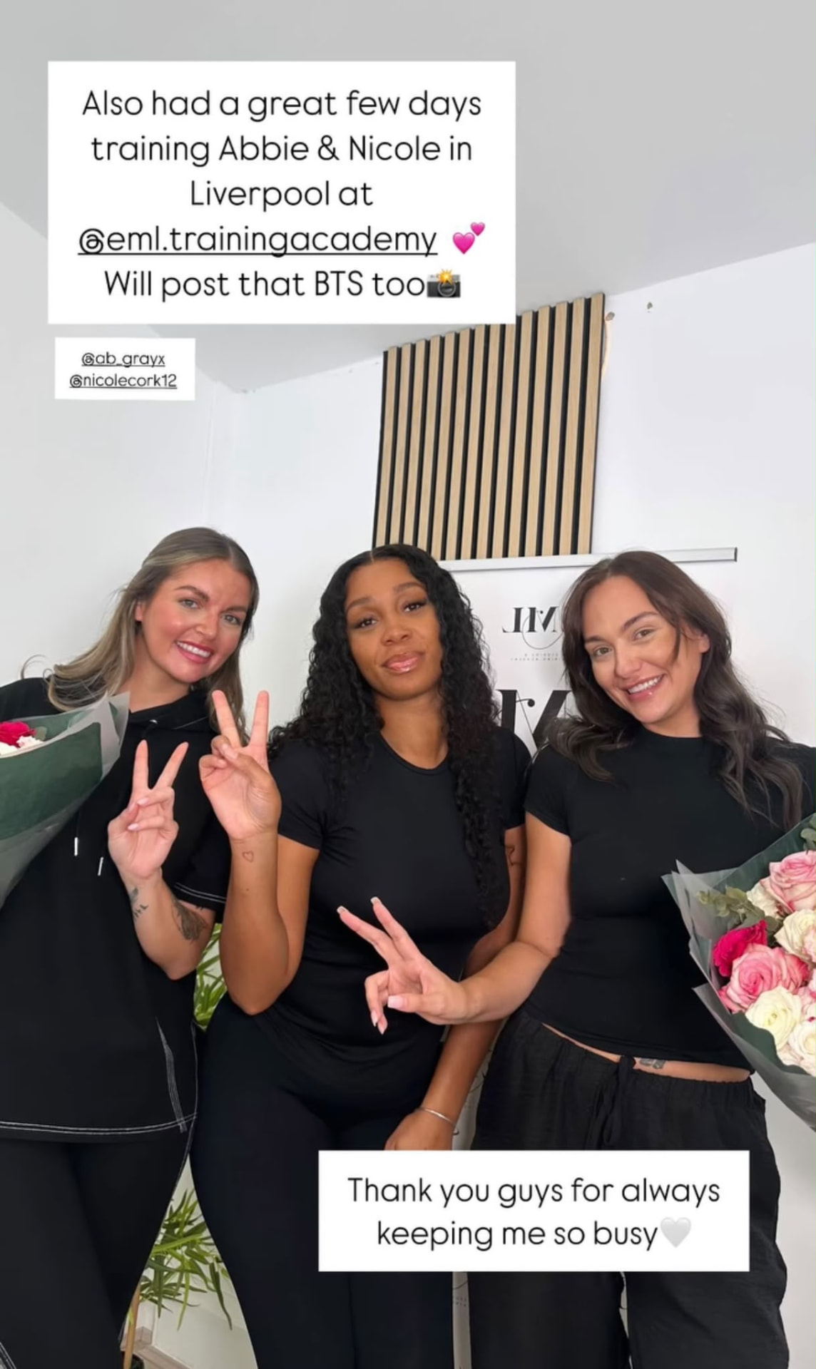 Three students with flowers in the Lip Blush LDN studio