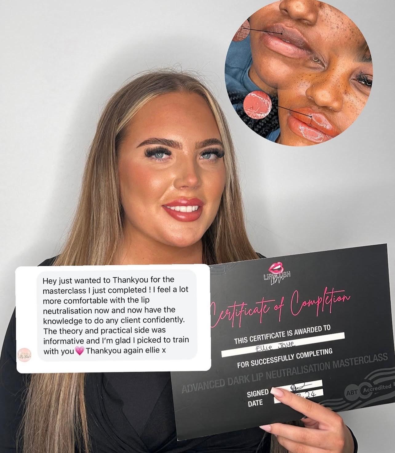 Ellie holding her certificate with a before and after lip photo, with her review written on the picture